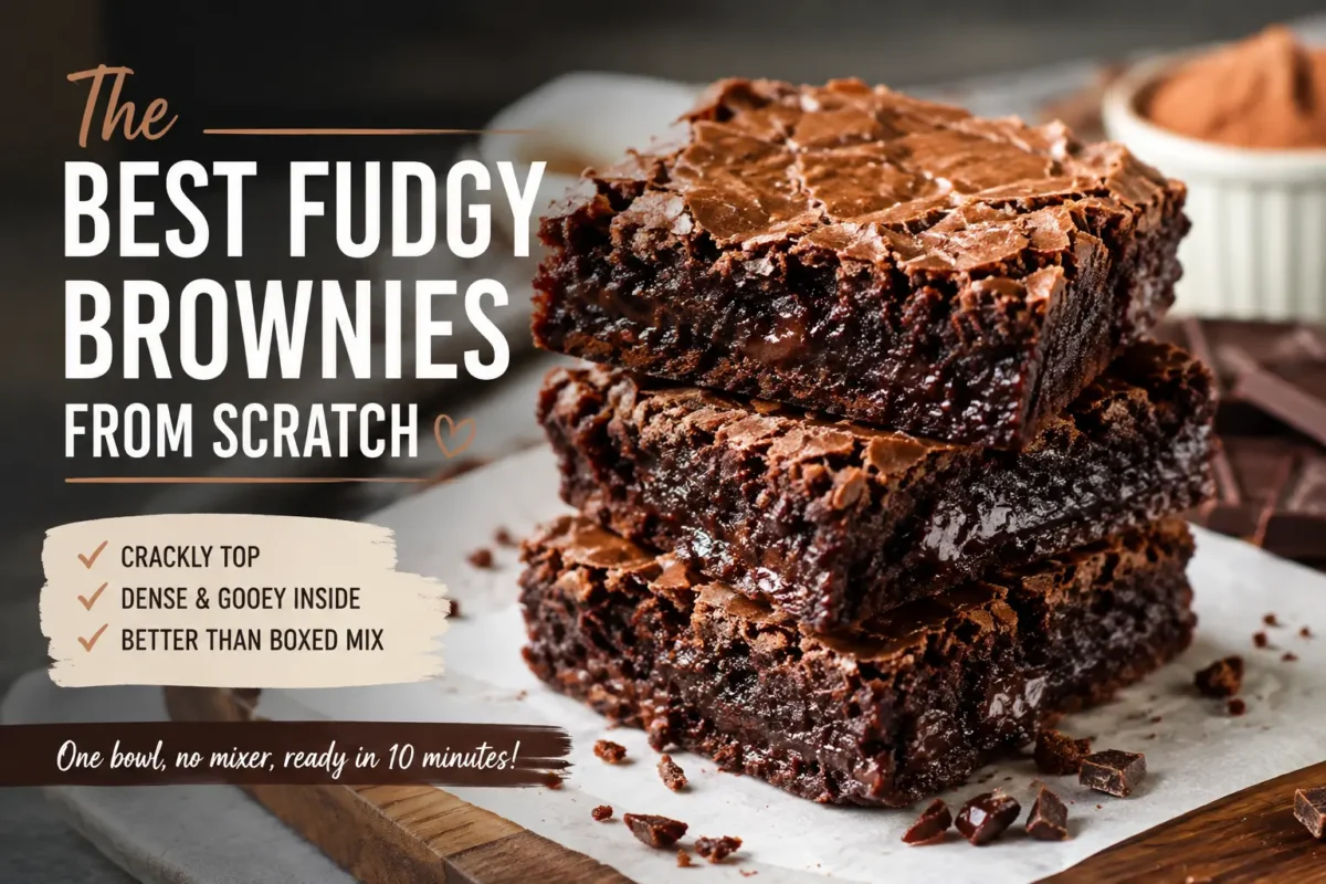 Stack of fudgy brownies from scratch with crackly top and gooey chocolate center