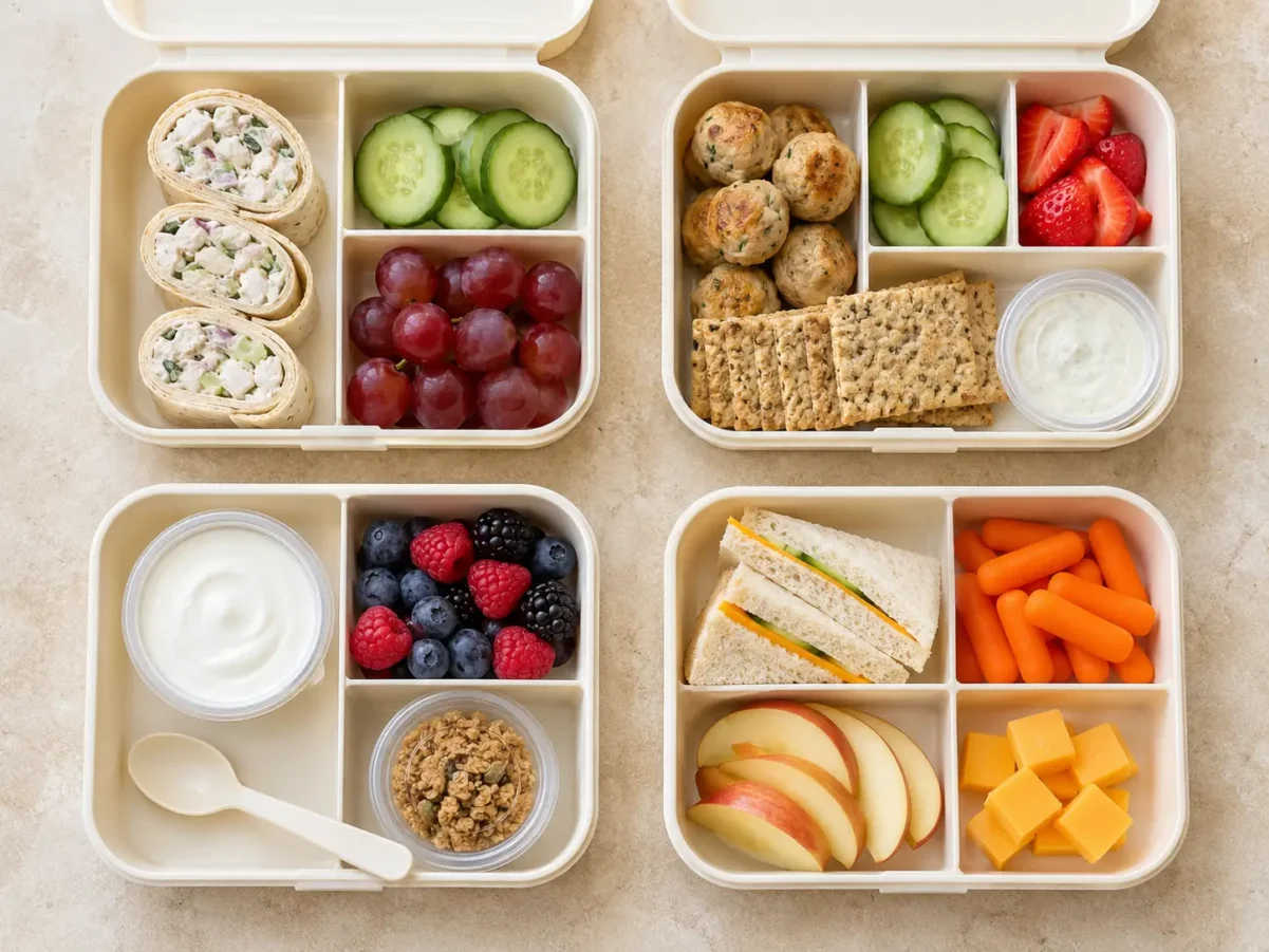 Four lunch boxes with chicken pita, pasta and mozzarella, rice and edamame, and black bean quesadilla wedges