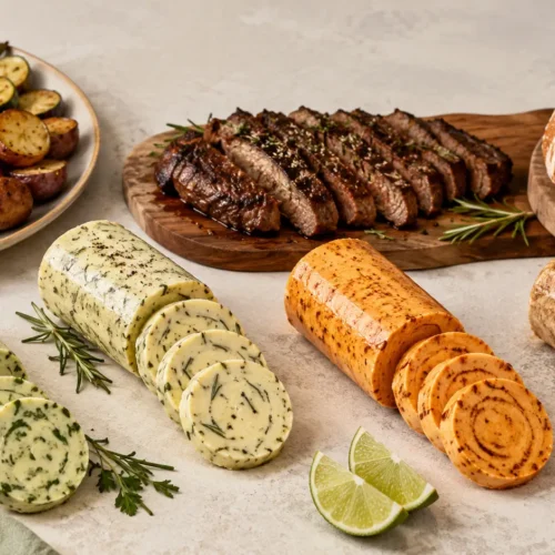 10 Compound Butter Recipes for Bread, Steak and Vegetables Four compound butter flavors served with sliced steak, warm bread and roasted vegetables.