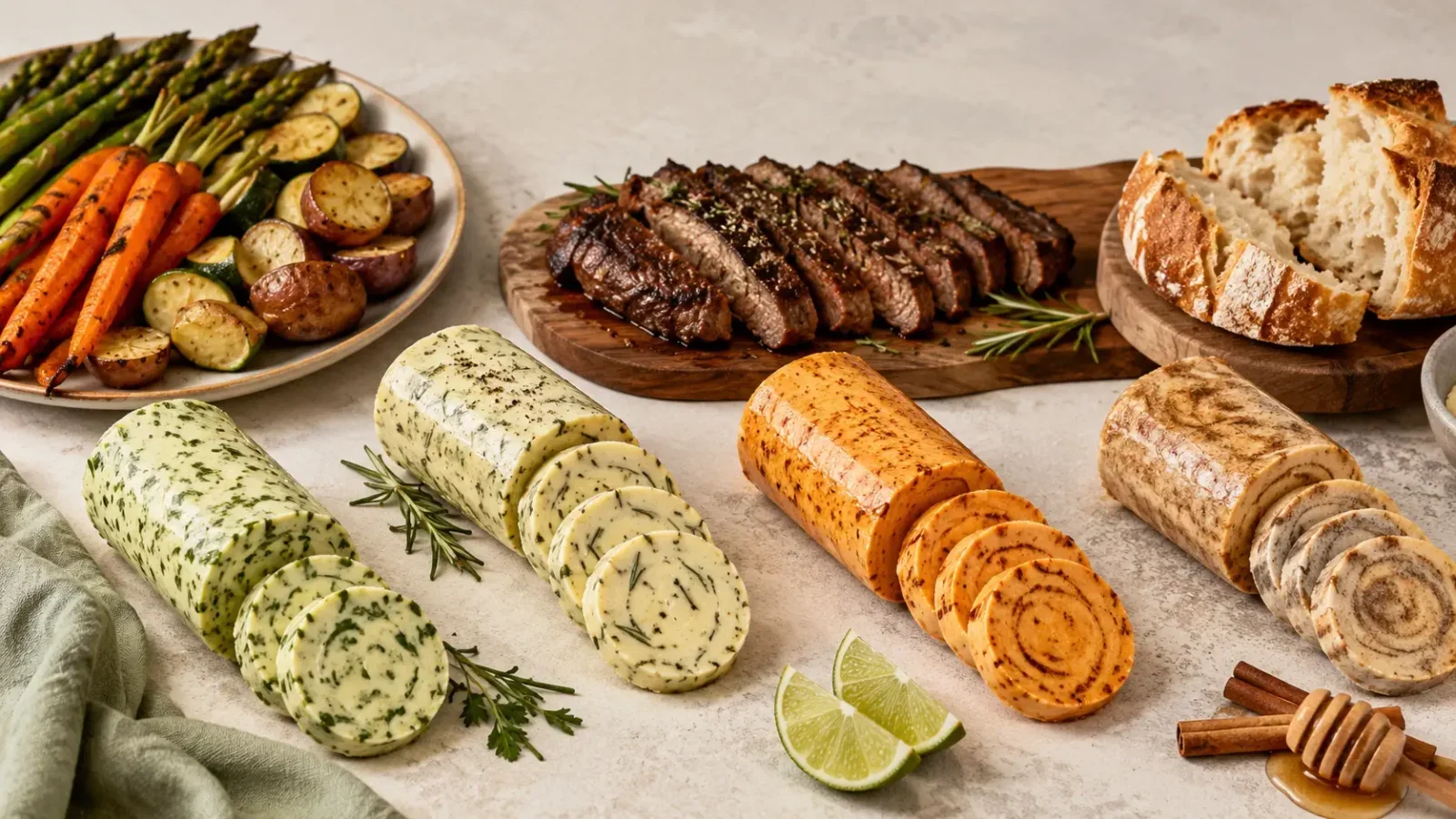 10 Compound Butter Recipes for Bread, Steak and Vegetables Four compound butter flavors served with sliced steak, warm bread and roasted vegetables.