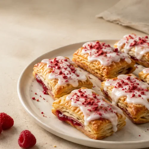 Golden raspberry puff pastry tarts topped with vanilla icing and crushed raspberries