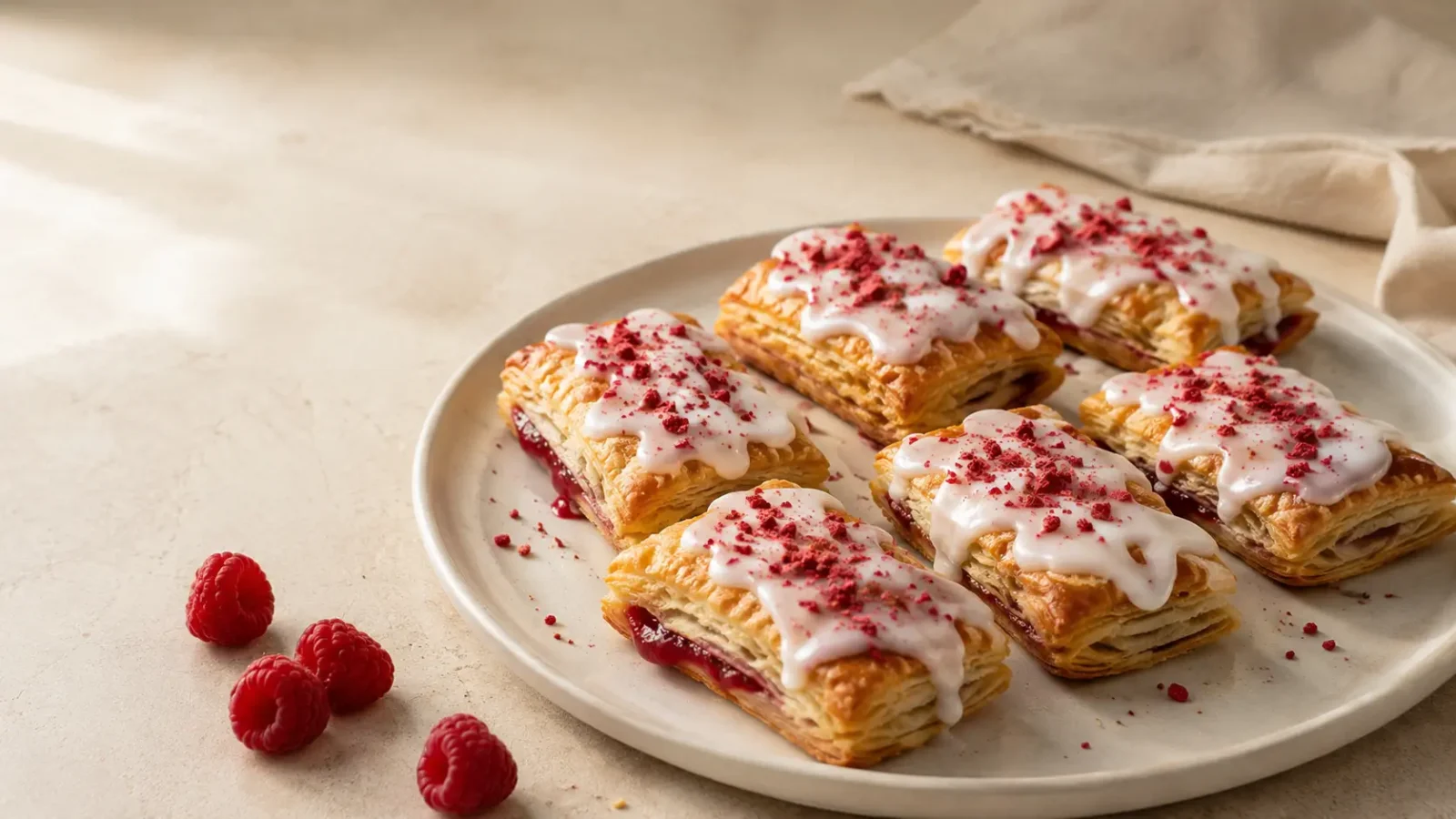 Golden raspberry puff pastry tarts topped with vanilla icing and crushed raspberries