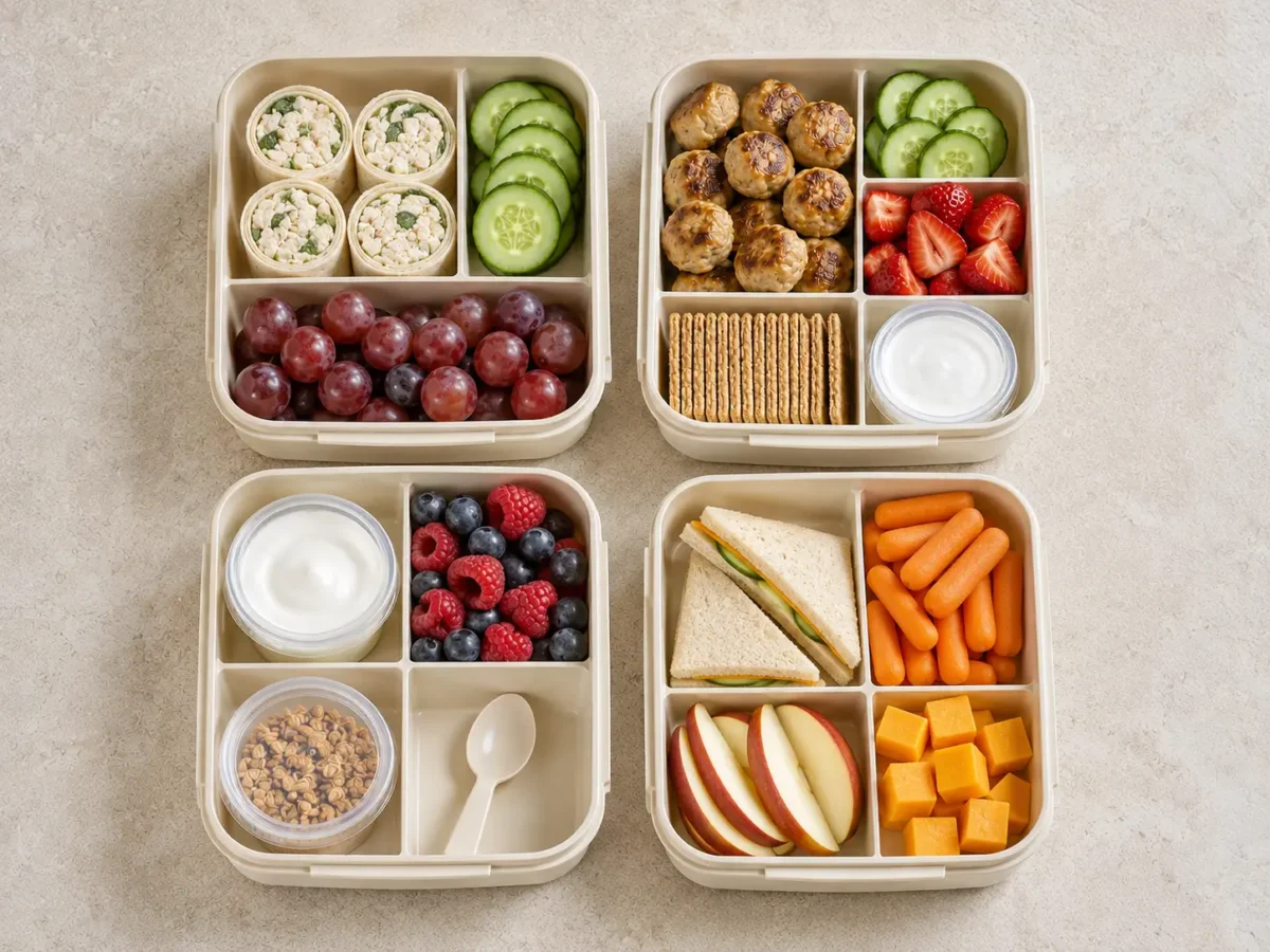 Four school lunches with hummus pinwheels, teriyaki chicken bento, chickpea pita, and an egg cracker snack box