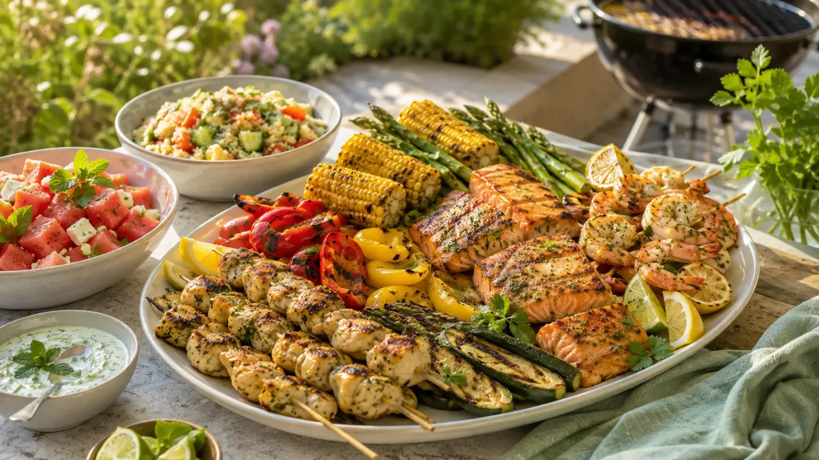 Healthy summer BBQ spread with grilled chicken, salmon, shrimp, vegetables, and fresh salads