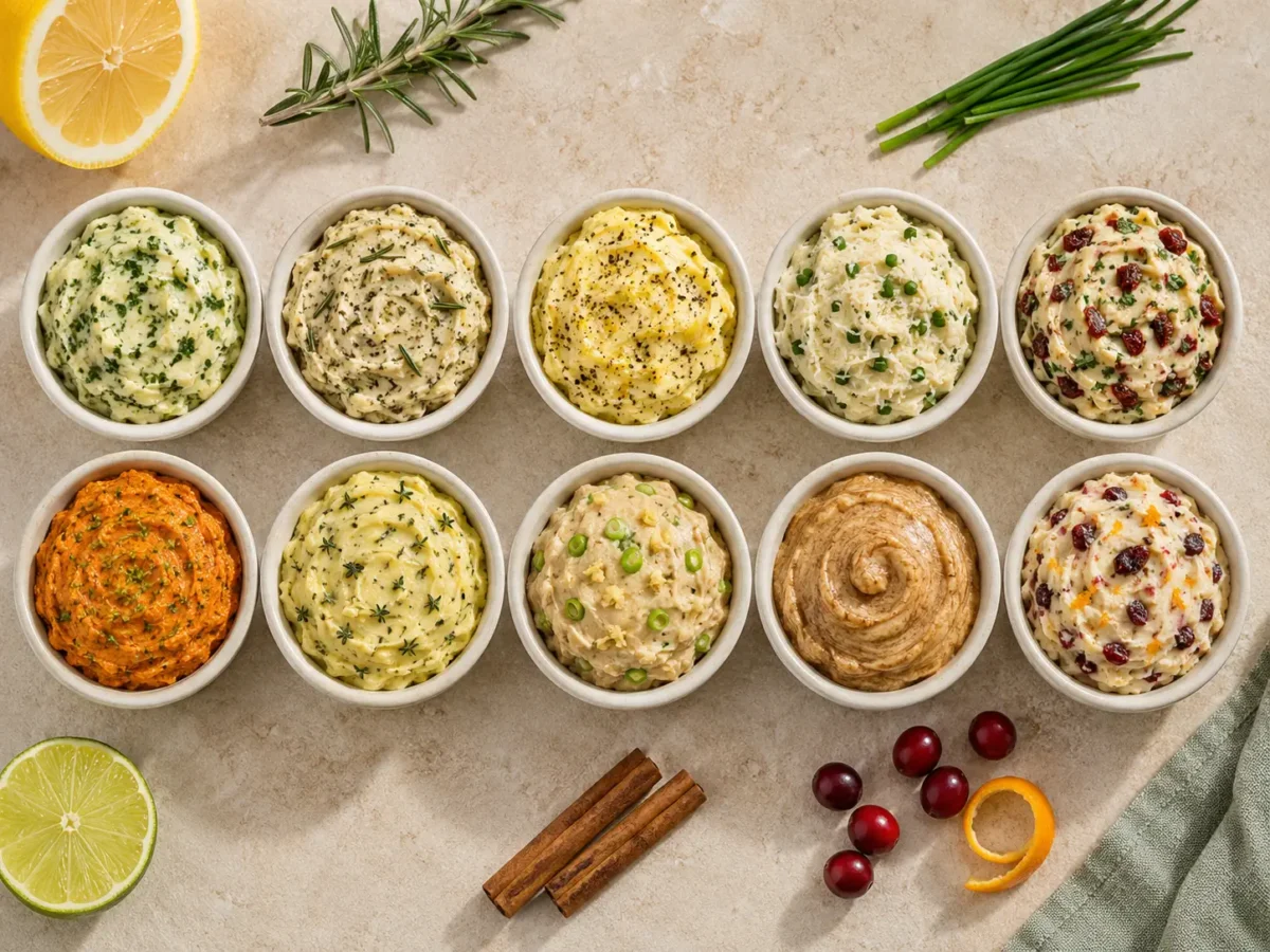 10 Compound Butter Recipes for Bread, Steak and Vegetables n compound butter flavors including garlic herb, lemon pepper, miso scallion and honey cinnamon.