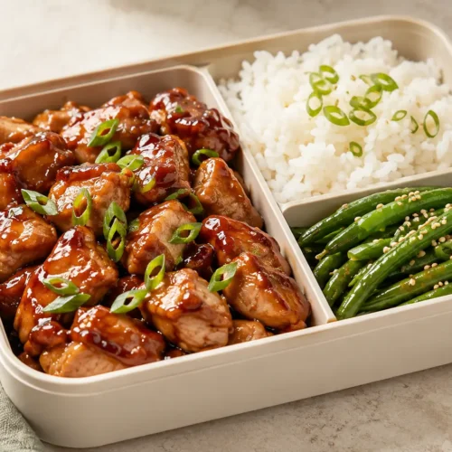 Teriyaki chicken bento with short-grain rice and sesame green beans in a divided lunch container