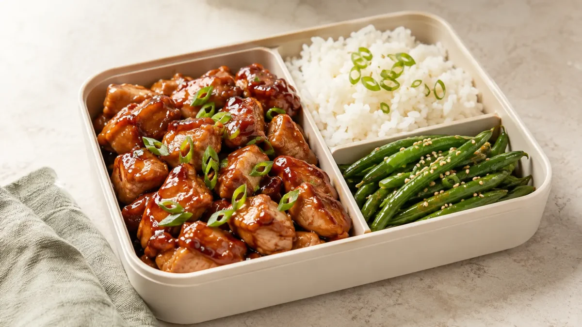 Teriyaki chicken bento with short-grain rice and sesame green beans in a divided lunch container