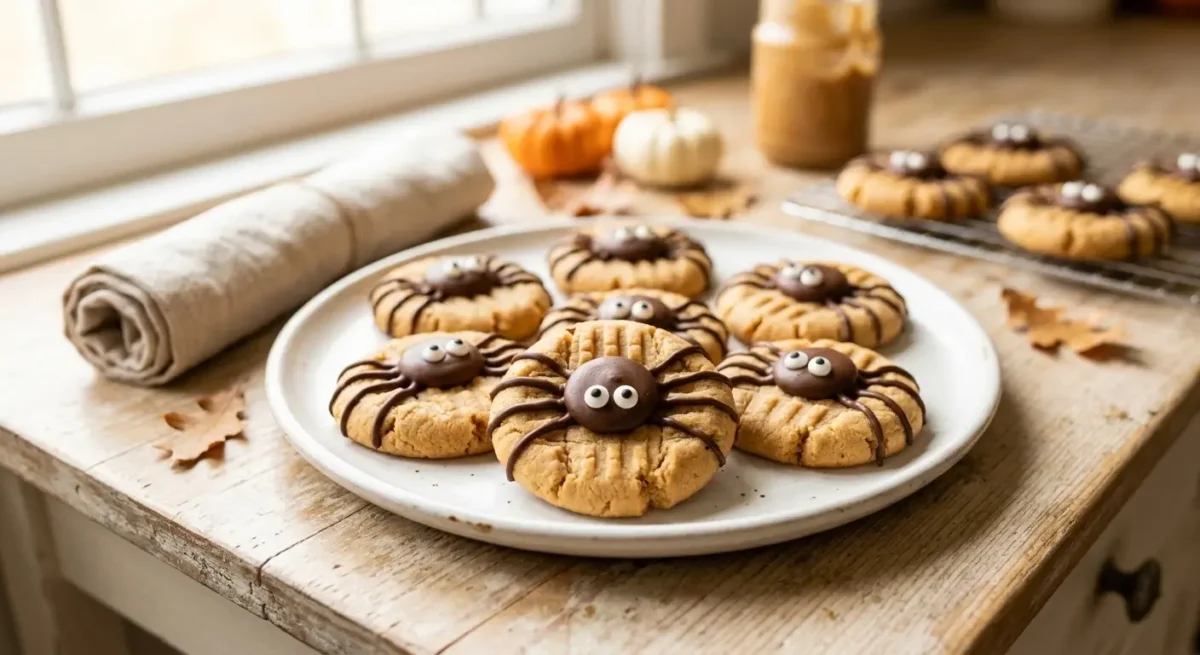 Peanut Butter Spider Cookies decorated with chocolate spider legs and candy eyes