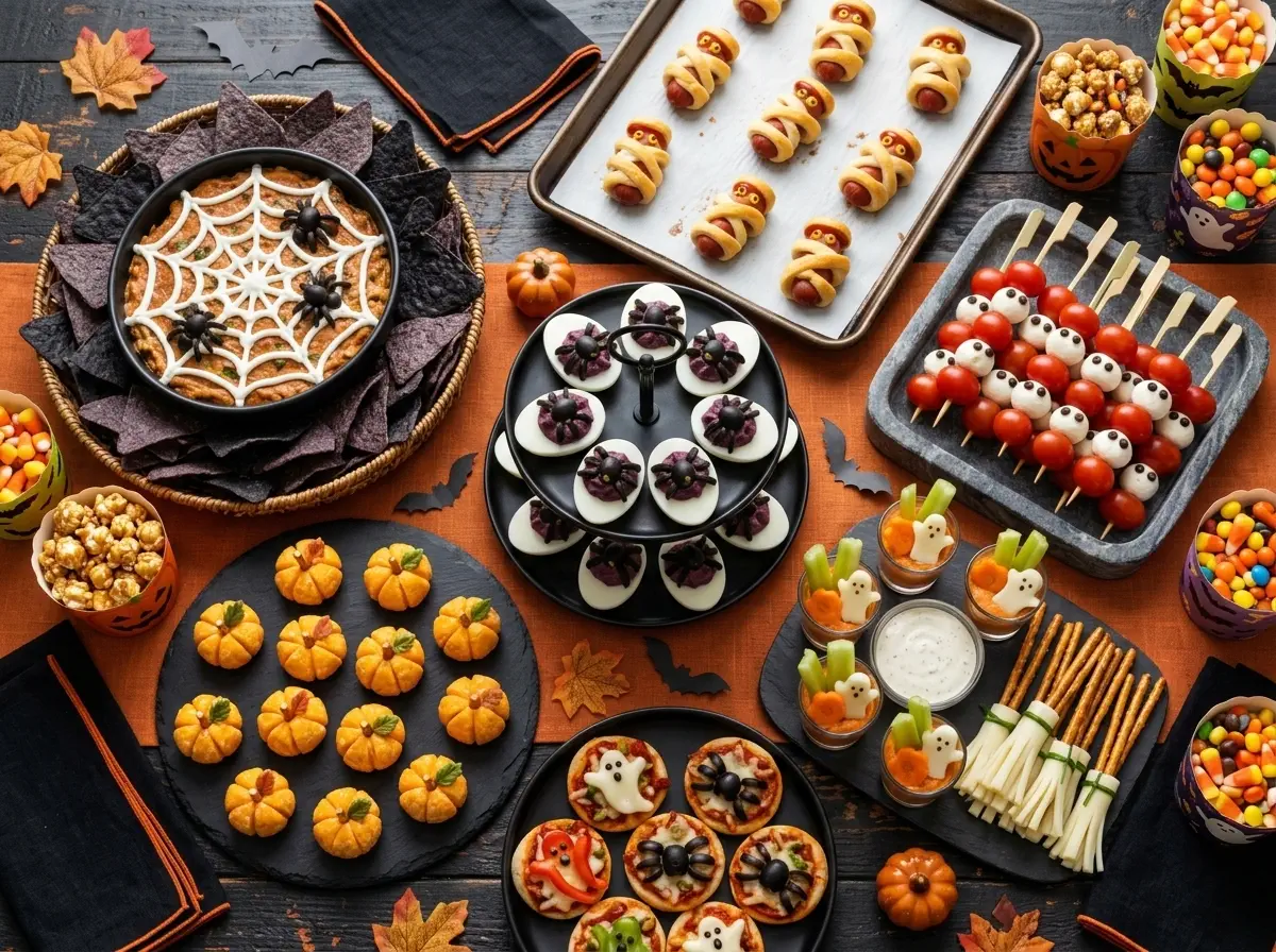 25 quick Halloween appetizers arranged on a festive party table